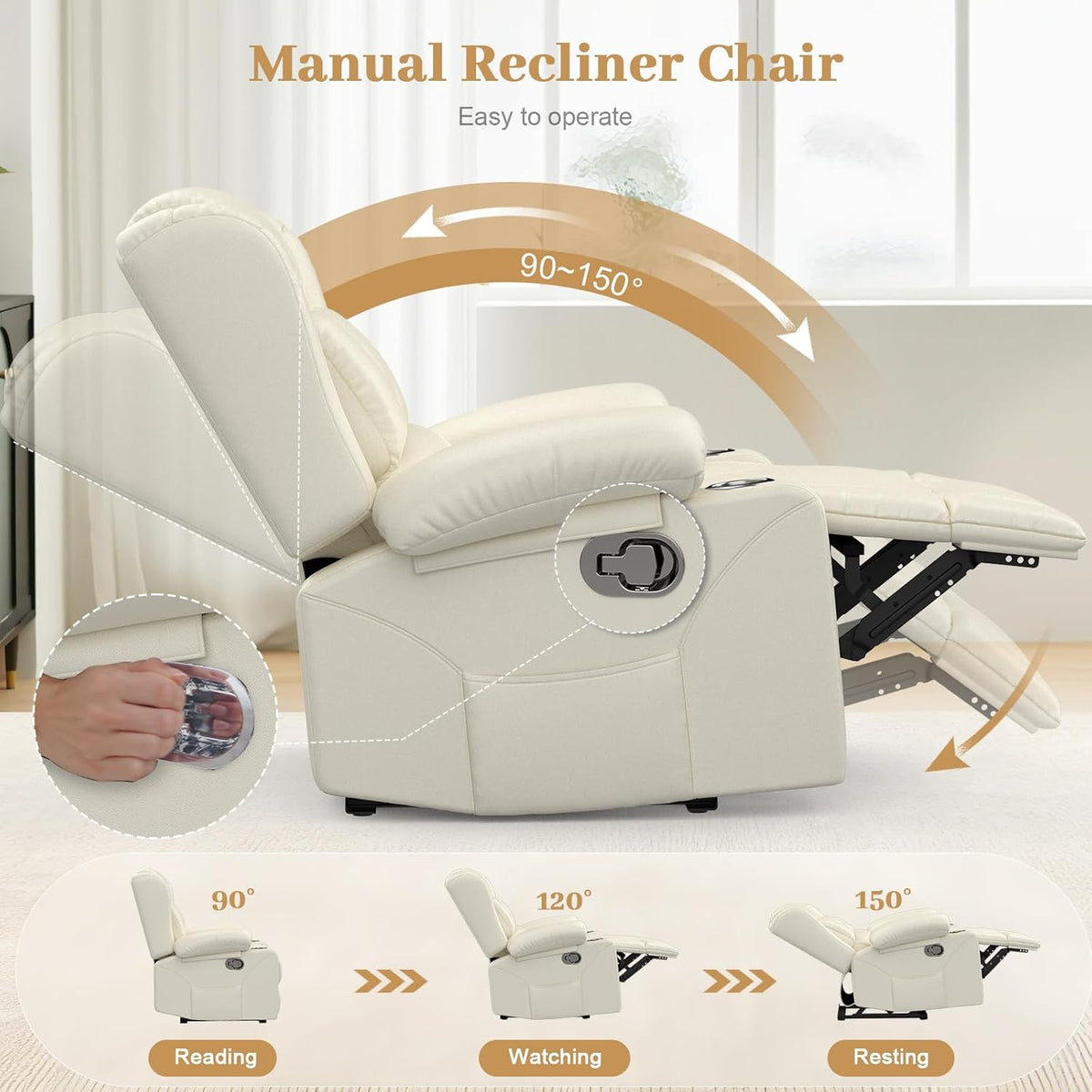 Recliner Chair for Adults, Oversized PU Leather Manual Pull Tab Reclining Chair with Cup Holders