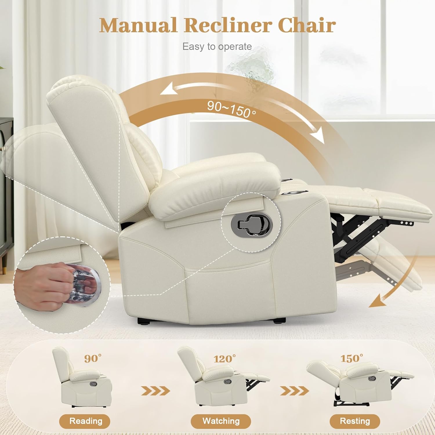 Recliner Chair for Adults, Oversized PU Leather Manual Pull Tab Reclining Chair with Cup Holders