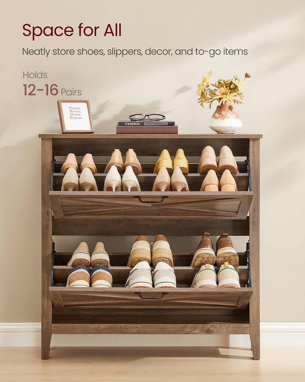 VASAGLE Farmhouse Shoe Cabinet, Narrow Storage Organizer, 2 Flip Drawers
