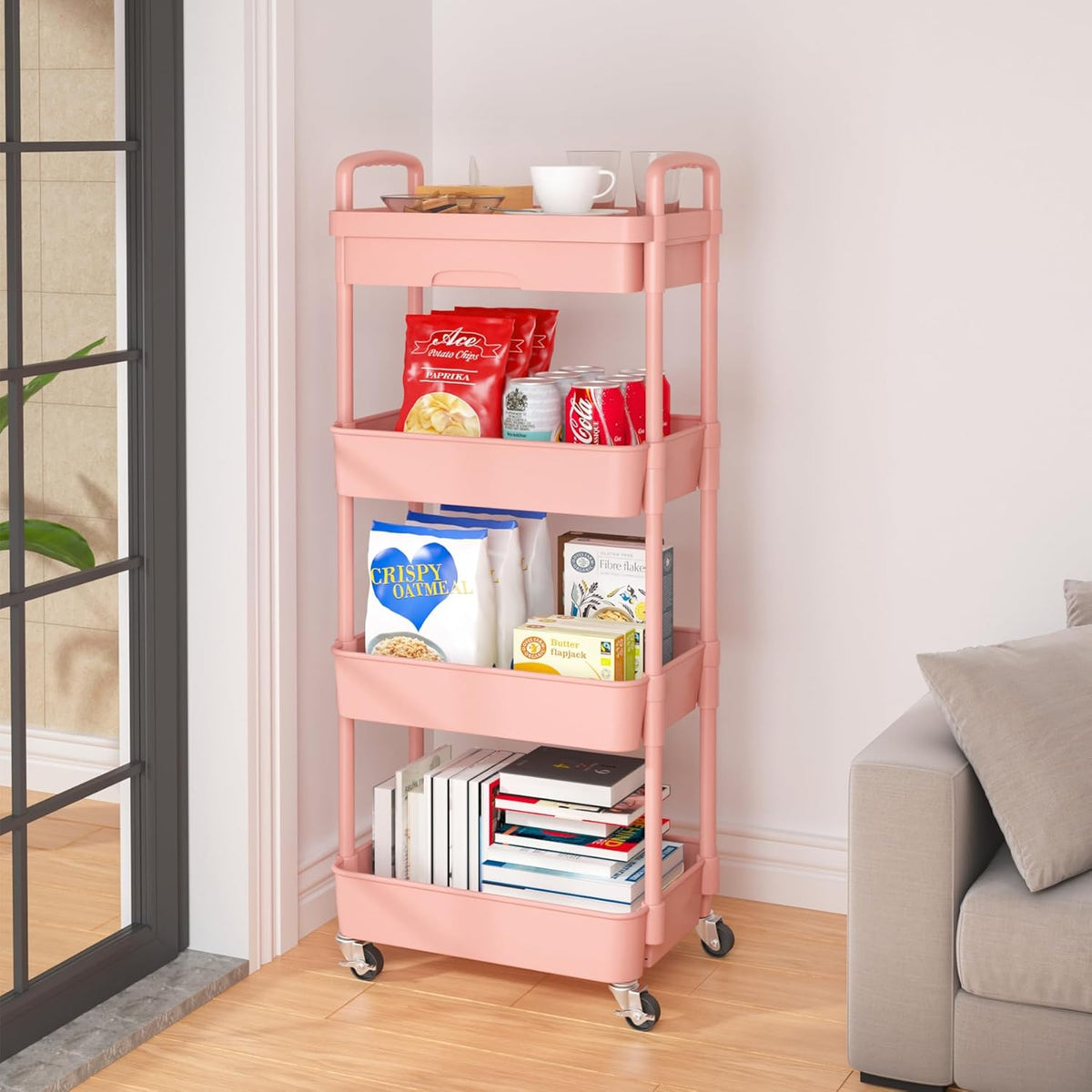 Calmootey 4-Tier Rolling Utility Cart with Drawer,Multifunctional Storage Organizer with Plastic
