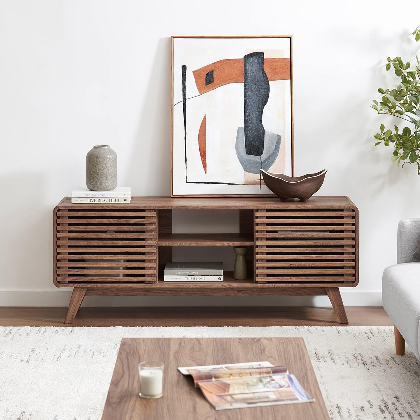 mopio Ensley TV Stand, Mid Century Modern for 55/60/65 inch TV, Farmhouse TV Stand, Entertainment