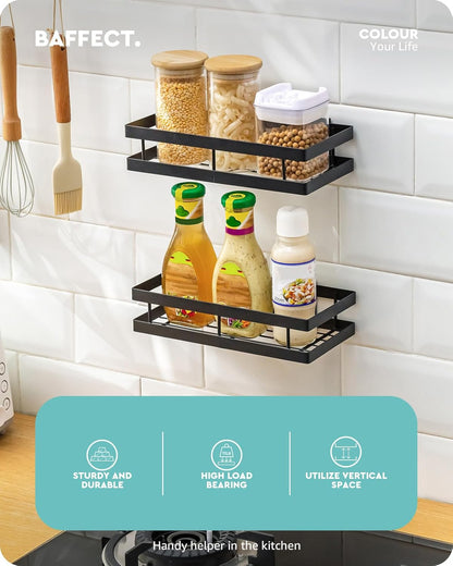 Metal Spice Rack Wall Mount Floating Shelves 2 Pack Black Storage organizer for Cabinet Door Pantry