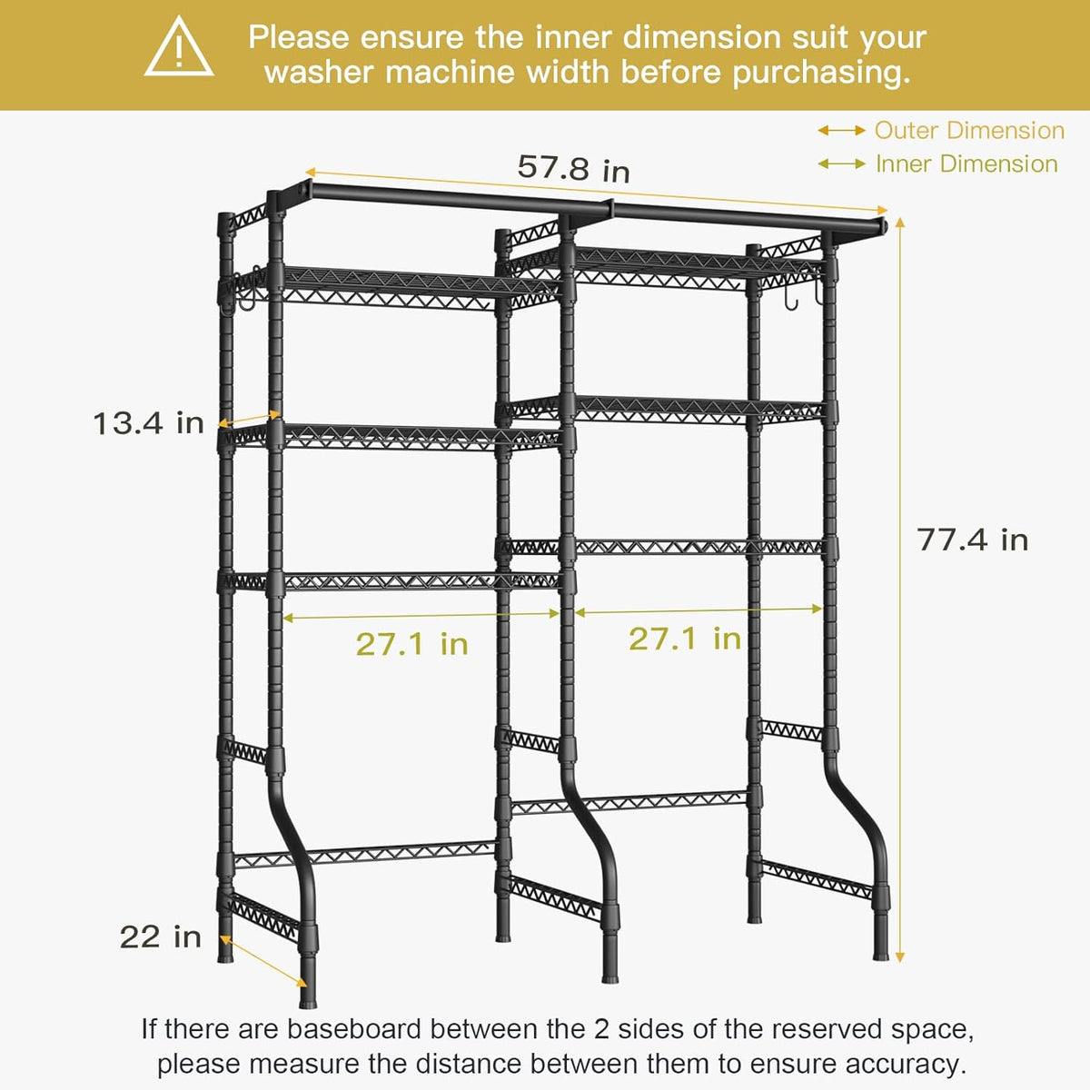 Ulif U13 Medium Over Washer and Dryer Storage Shelves, 6 Tiers Laundry Room Standing Shelf with 2