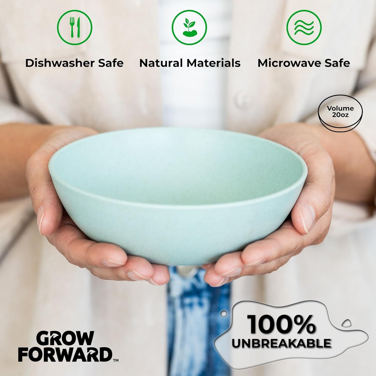 Grow Forward Premium Wheat Straw Bowls - 20oz Microwave Safe Plastic Cereal Bowls Set of 8 for