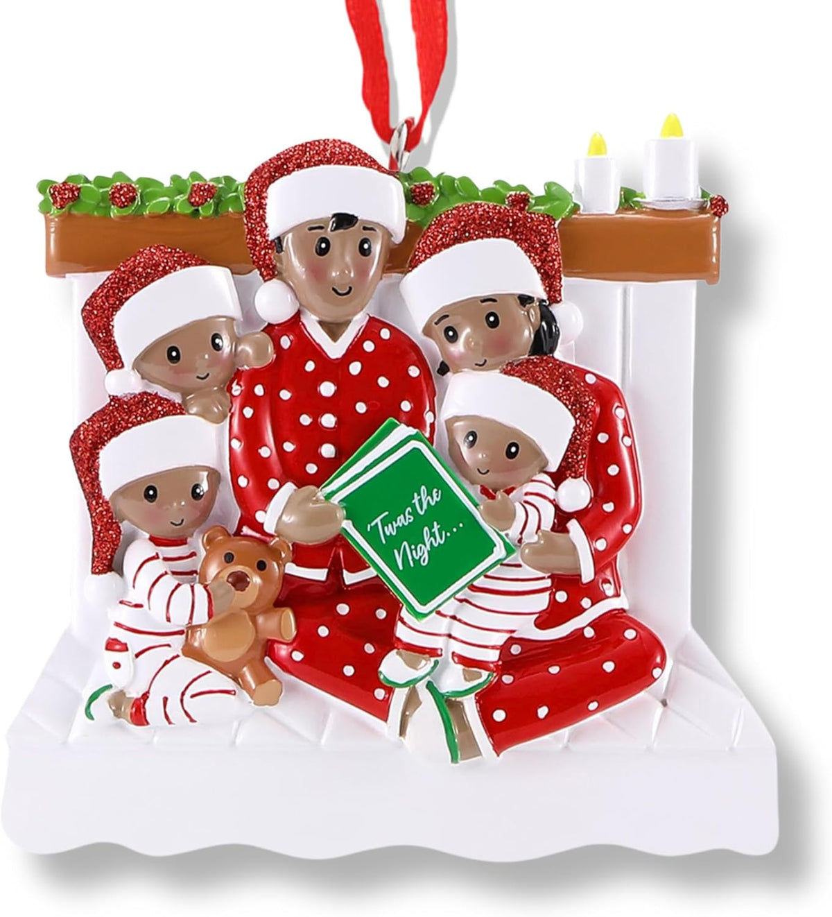 African American Bedtime Reading Family of 5 Christmas Ornament 2025 Personalized Family Christmas