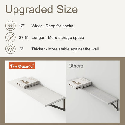Fun Memories 27.5" W x12 D Floating Shelves, White Wall Shelf with Brackets, 12 Inch Deep Floating