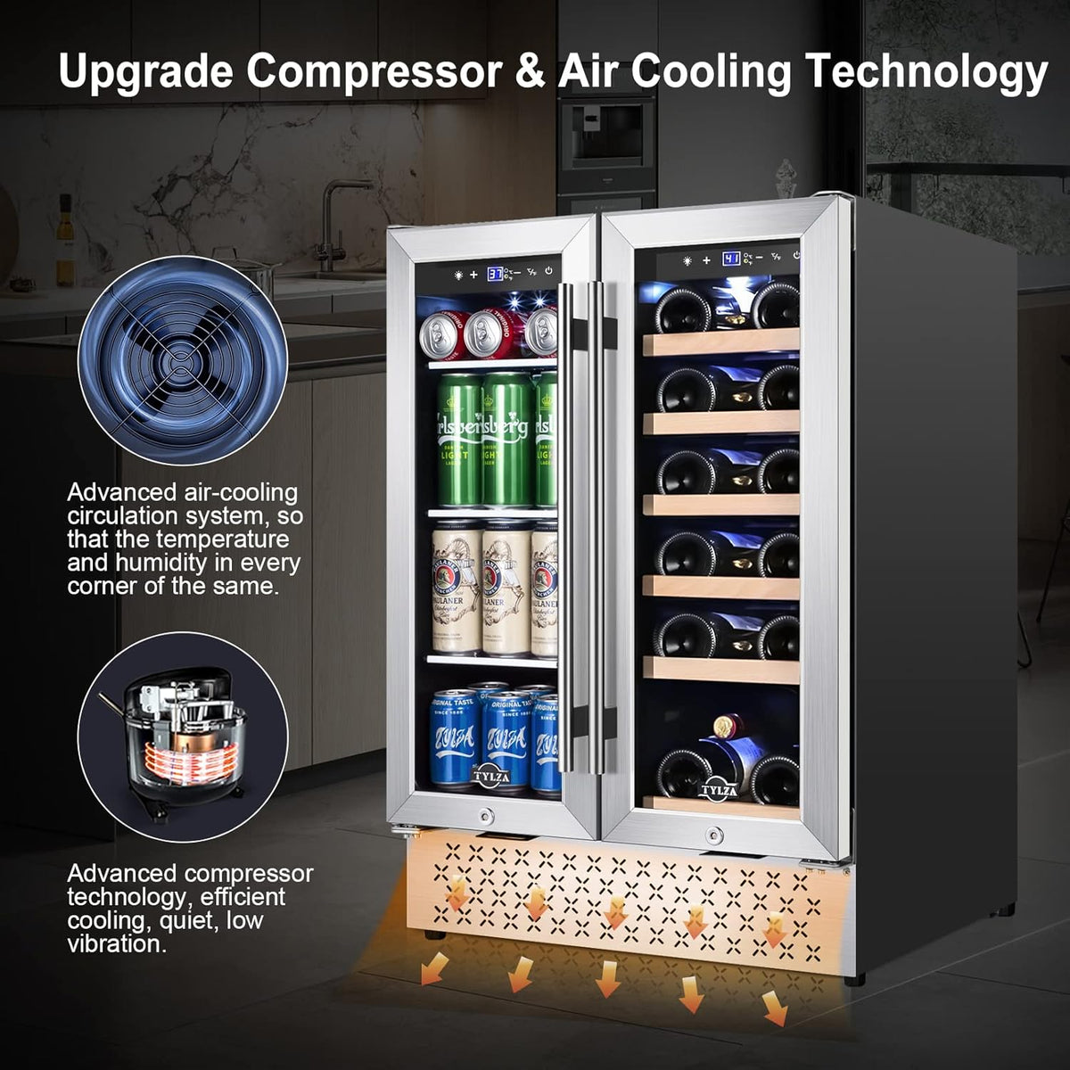 Tylza Wine and Beverage Refrigerator 24 Inch Dual Zone, French Door Wine and Beverage Cooler 24''