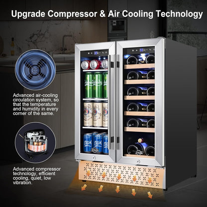 Tylza Wine and Beverage Refrigerator 24 Inch Dual Zone, French Door Wine and Beverage Cooler 24''
