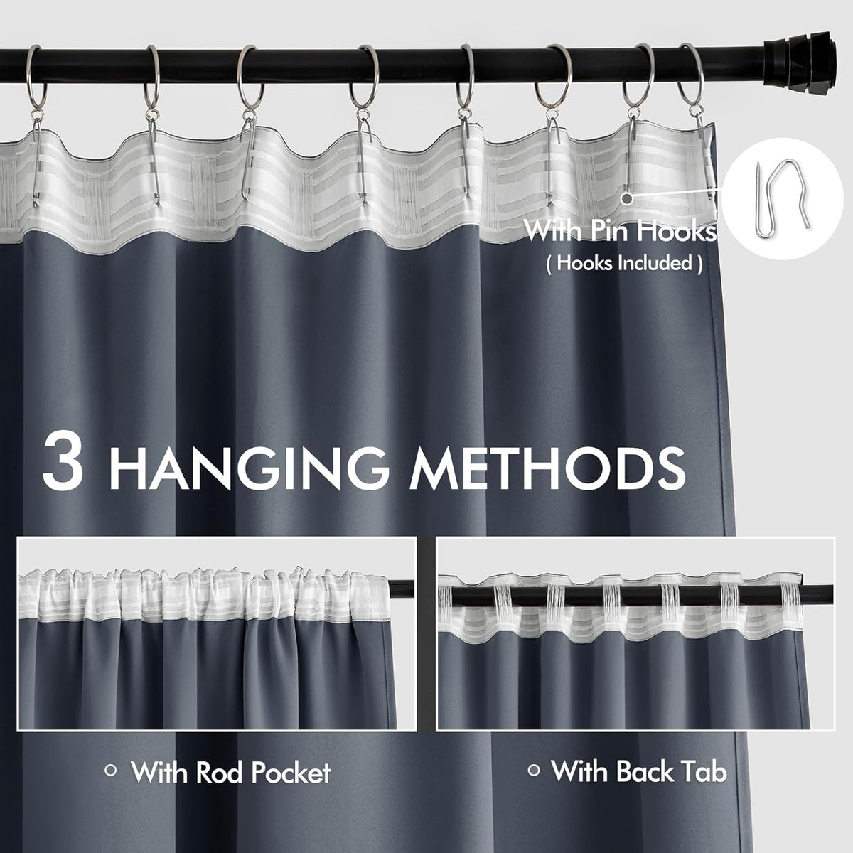 MIULEE Stone Blue Back Tab Blackout Curtain 96 Inch Long 2 Panels Set for Bedroom, Rod Pocket/Pinch