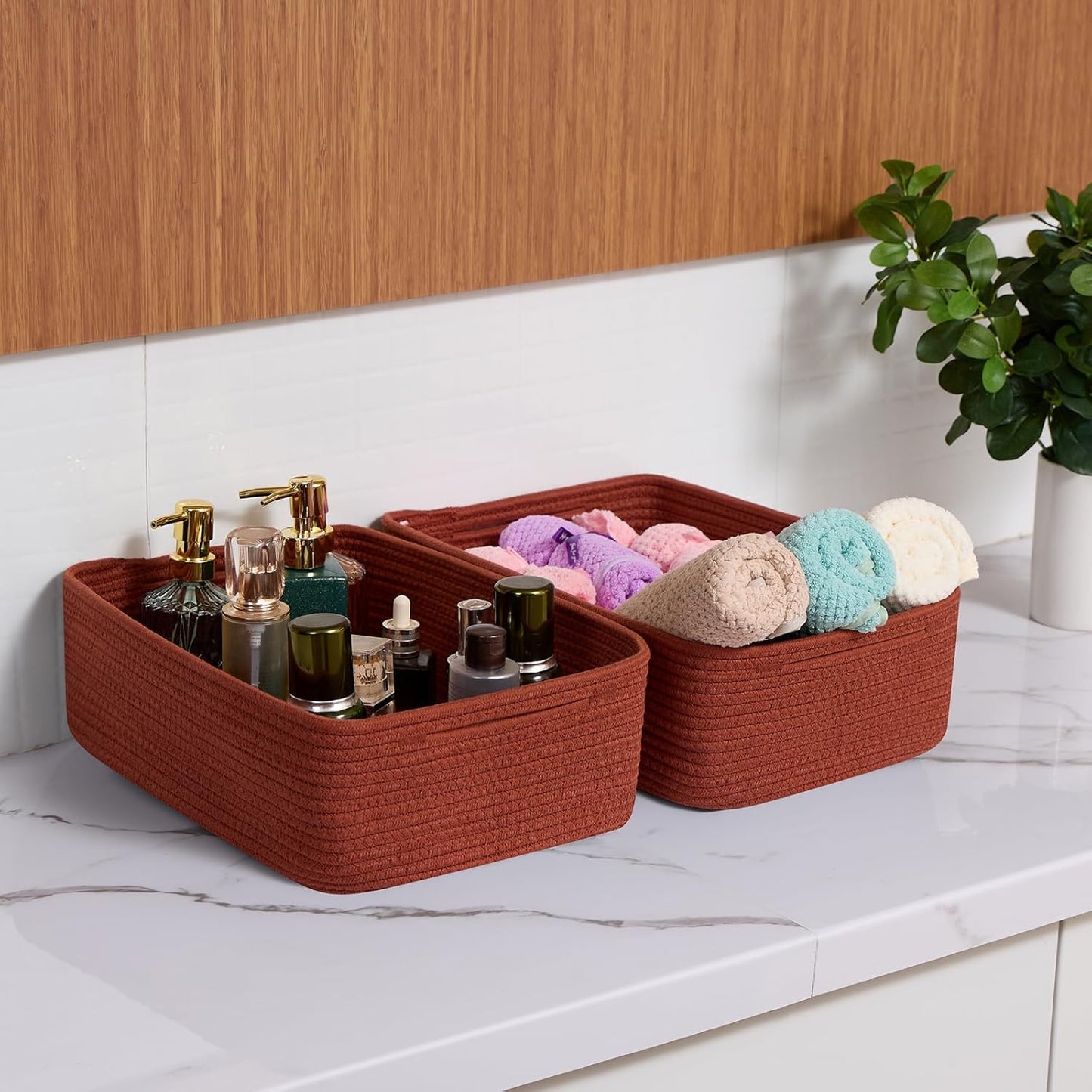 Large Shallow Organizing Baskets 15x11x5.1 Inches - Rope Woven Storage Bins for Bathroom, Shelves