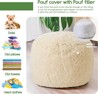 HIGOGOGO Round Stuffed Pouf Ottoman, Long Faux Fur Poufs with Foam Chunk Filling, Fluffy and Furry