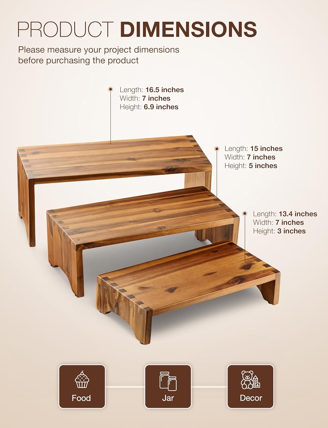 Acacia Wood Risers Display Stands Set of 3 - Wooden 3 Tier Cupcake Stand - 3 Tiered Riser for