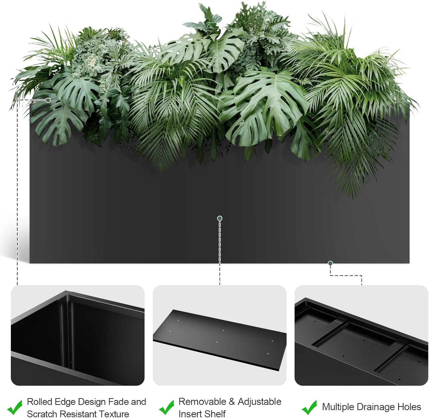 Long Metal Cube Planter for Outdoor Plants 15" W x 38" L x 16.25" H, Heavy Duty Steel Rectangular