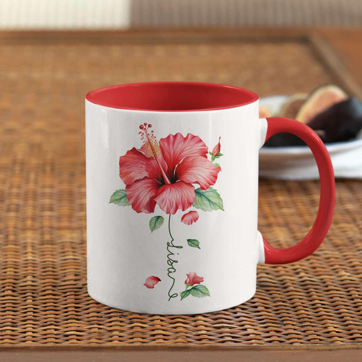 Personalized Hibiscus Blossom Design Mug, Custom Name Vibrant Flower Coffee Cup, Customized Mug For