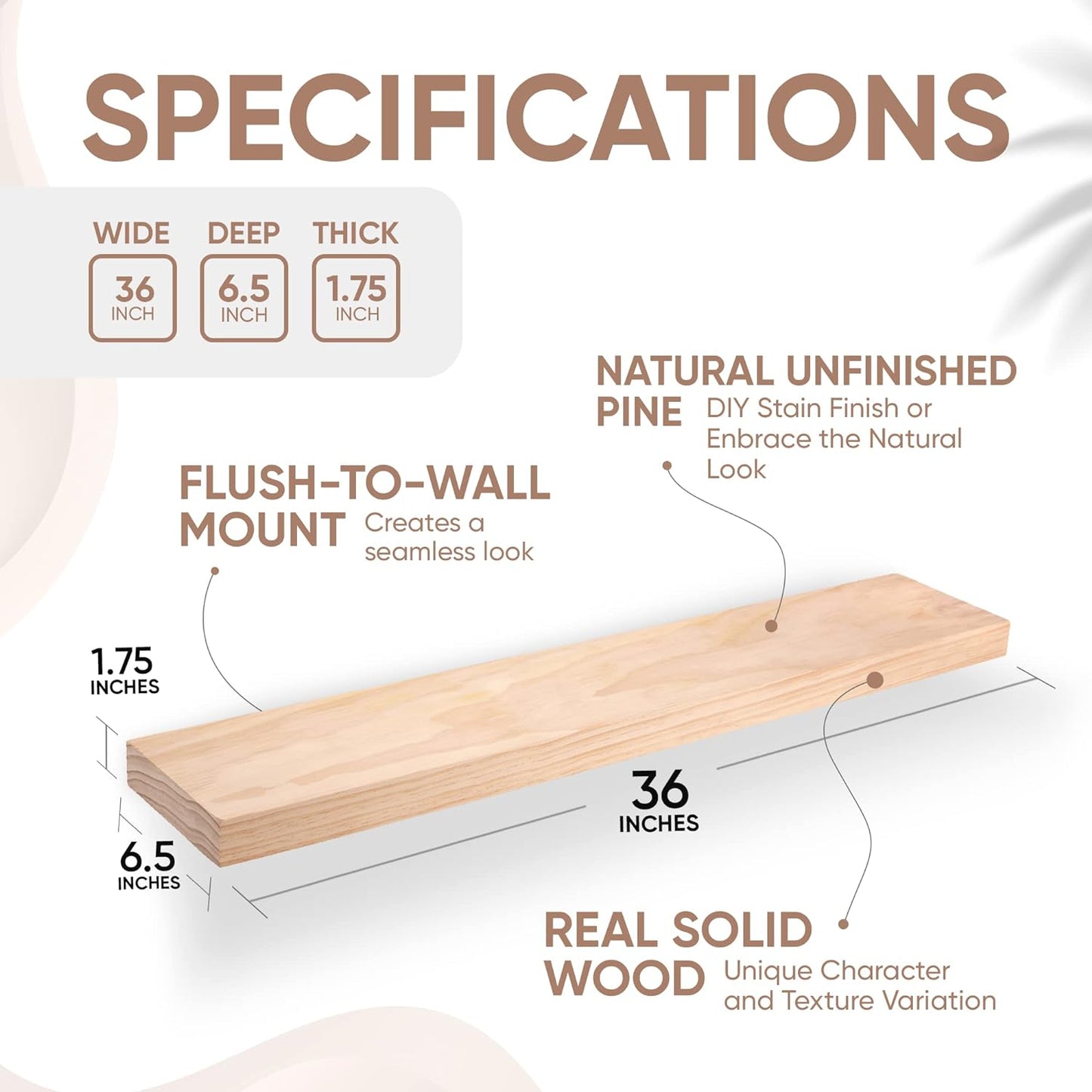 Homeforia 36 inch Wood Floating Shelves, High End Solid Natural Wood 36inch Large Floating Shelf