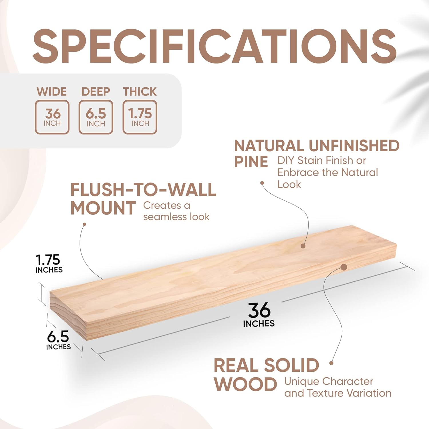 Homeforia 36 inch Wood Floating Shelves, High End Solid Natural Wood 36inch Large Floating Shelf