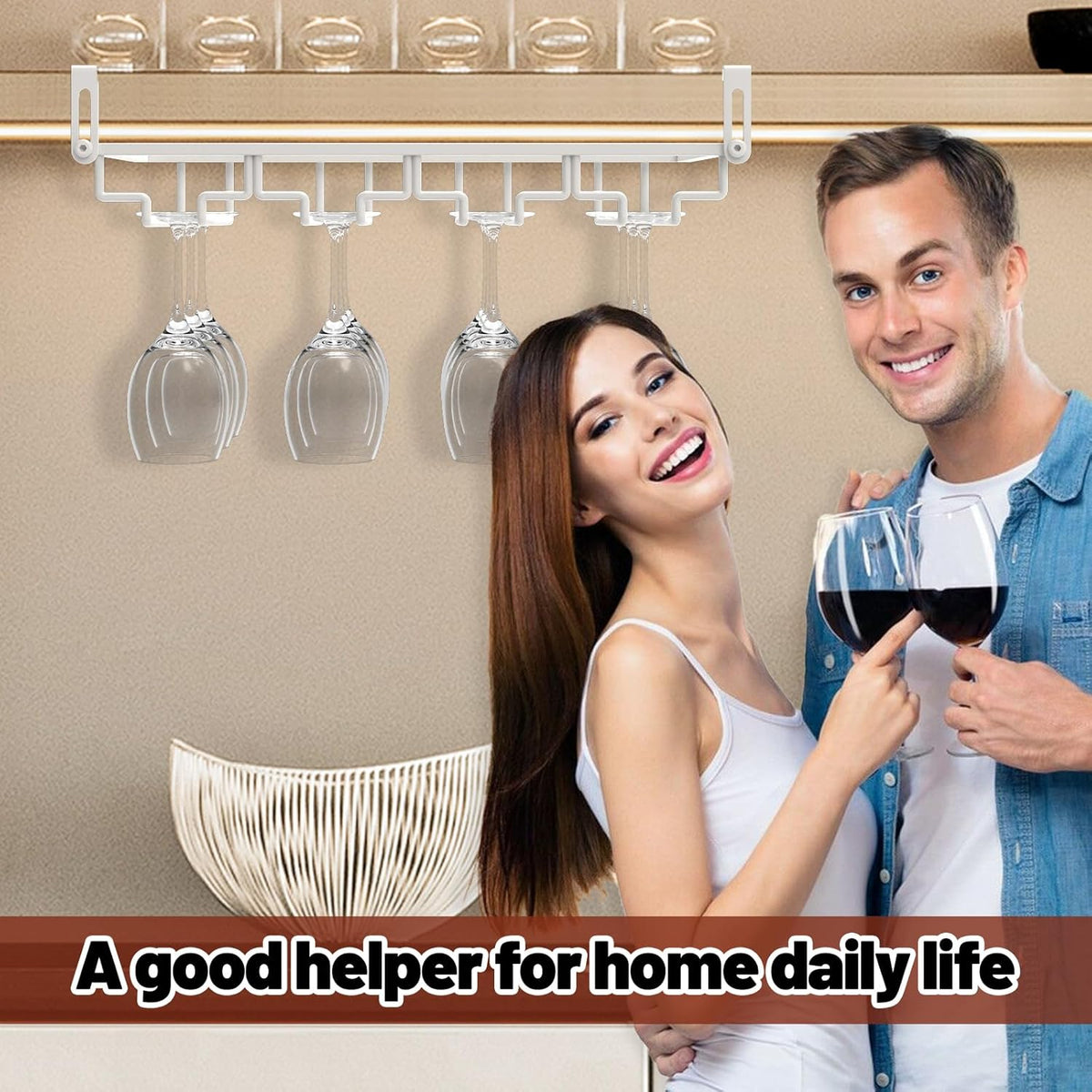AUHOKY 2Pcs Adjustable Wine Glass Rack Under Cabinet, Punch-Free 4 Rows Stemware Wine Glass Metal