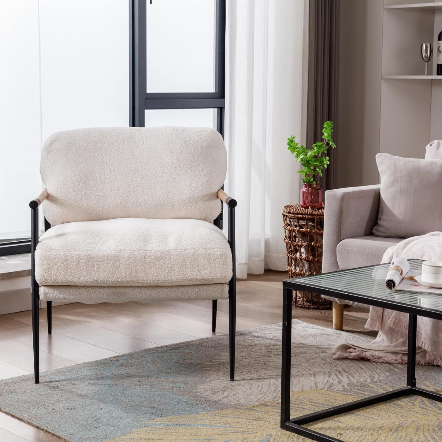 Mid-Century Accent Chair Set of 2, Soft Armchair Sherpa Fabric Lounge Chair with Black Metal Legs