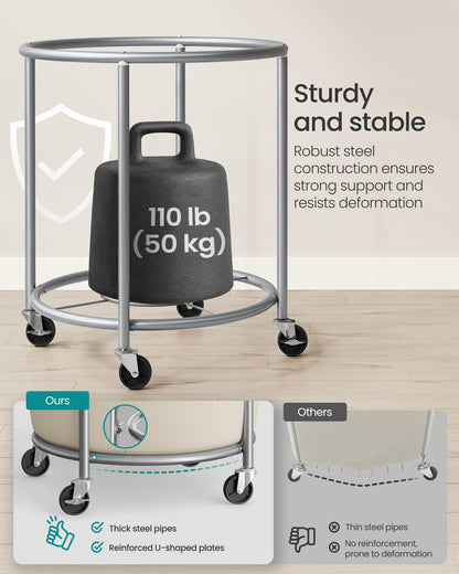 SONGMICS Laundry Basket, Rolling Steel Frame with 2 Locking Wheels, 190 L