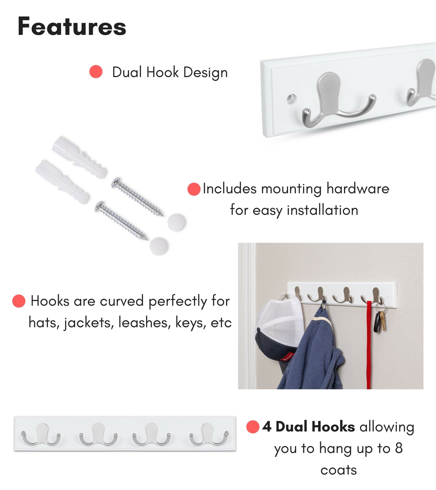 BIRDROCK HOME Dual Hook Coat Rack | 4 Dual Hooks | Wall Mounted Hat Key Rack Rail | Satin Nickel