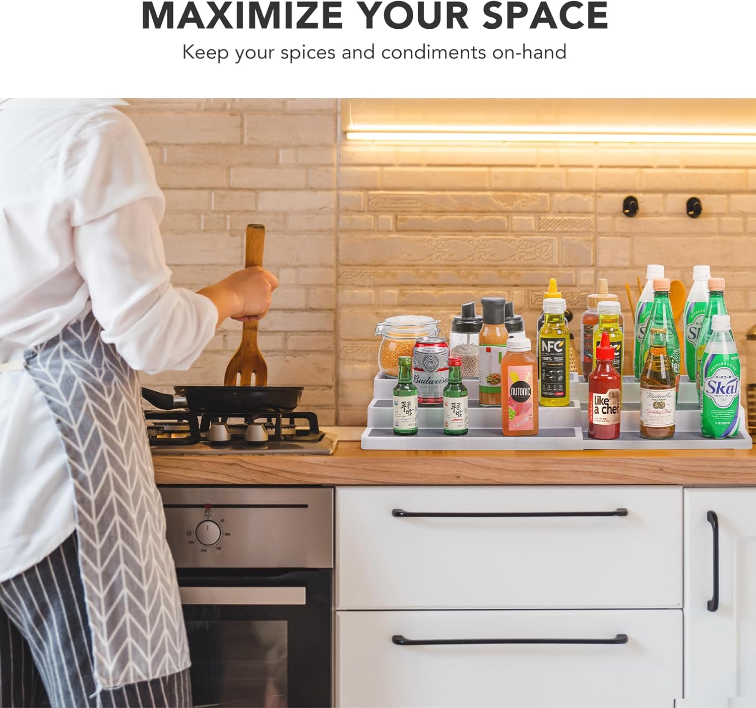 3 Tier Expandable Spice Rack Organizer, White/Grey Plastic Spice Rack, Adjustable Length