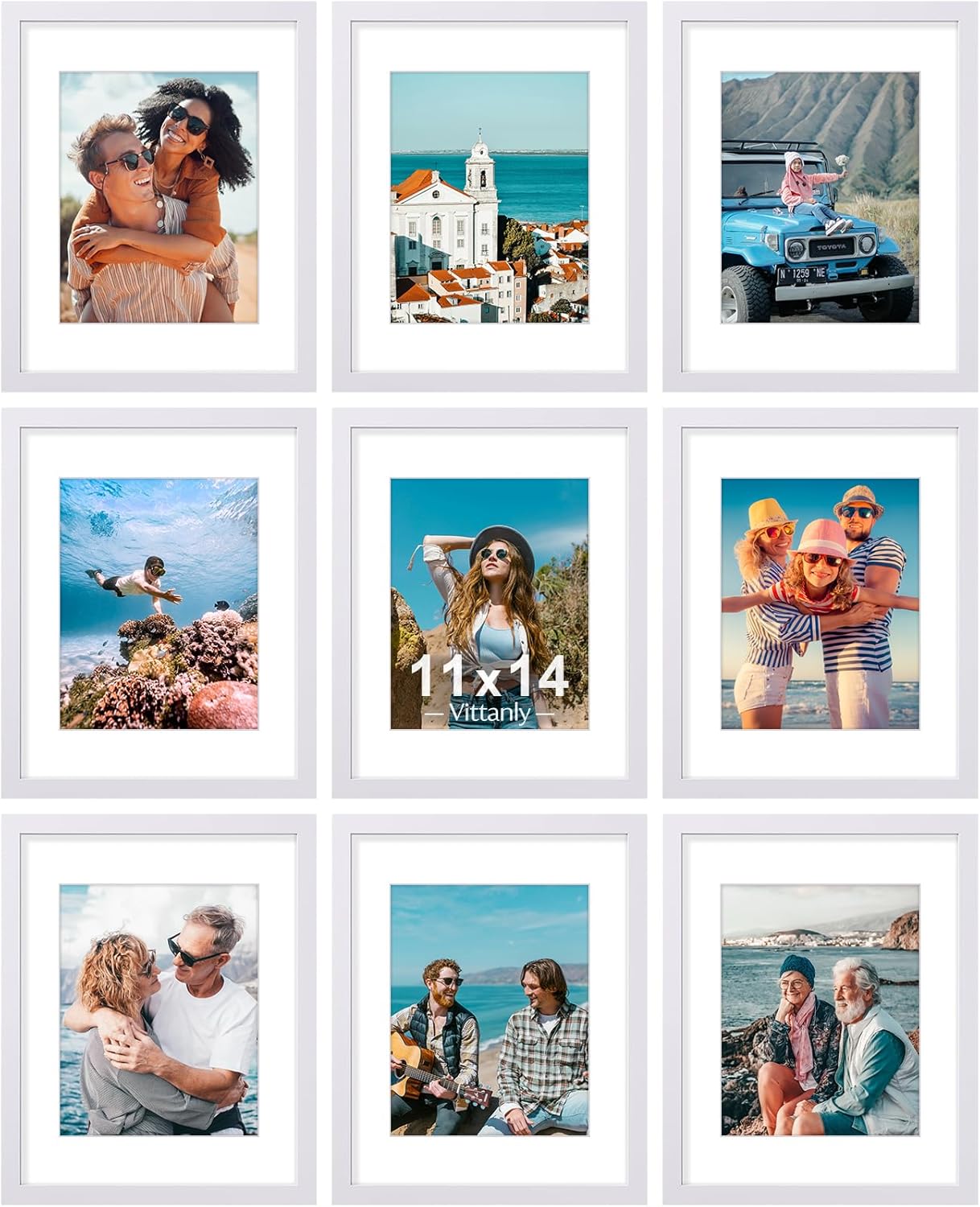 Vittanly 11x14 Picture Frames Set of 9, Shatter Resistant Plexiglass, Display 8x10 Pictures with