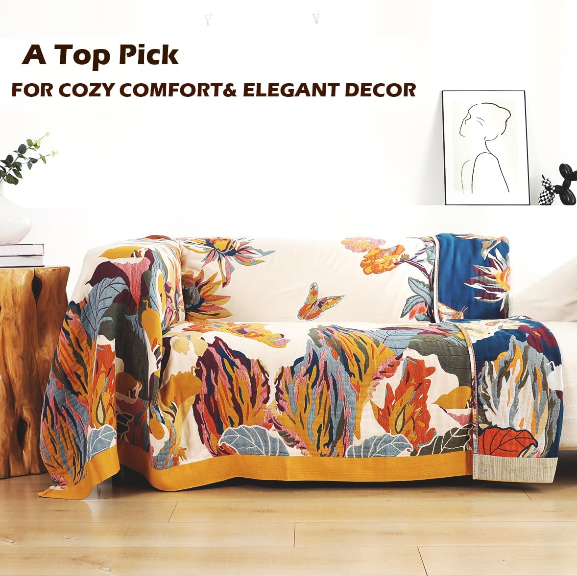 Boho Large Throw Blanket, 100% Organic Cotton Breathable Soft Bed King Throw - Fall Floral Bird