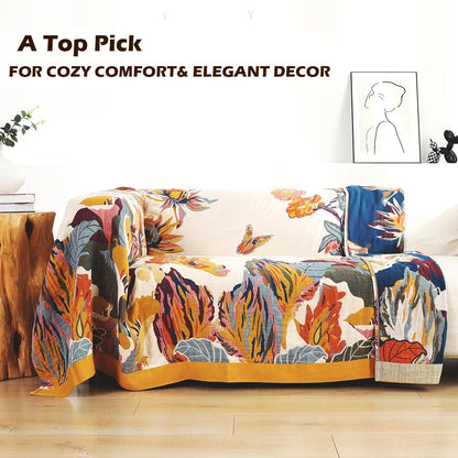 Boho Large Throw Blanket, 100% Organic Cotton Breathable Soft Bed King Throw - Fall Floral Bird