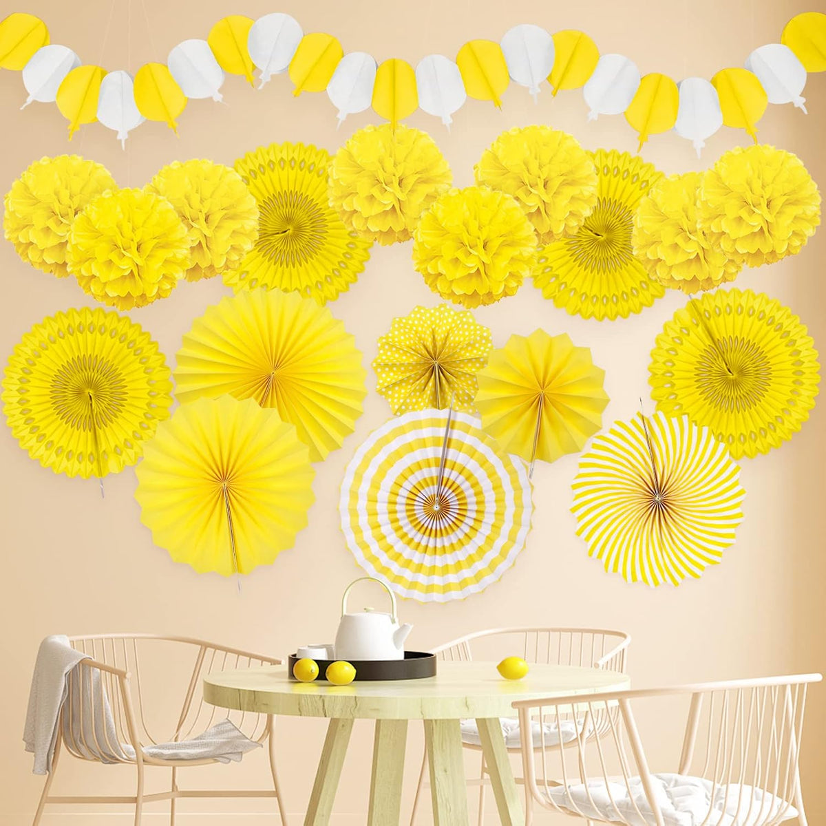 Yellow Party Decorations, Papar Fans Pompoms Fans Garlands for Birthday Bridal Baby Shower Wedding