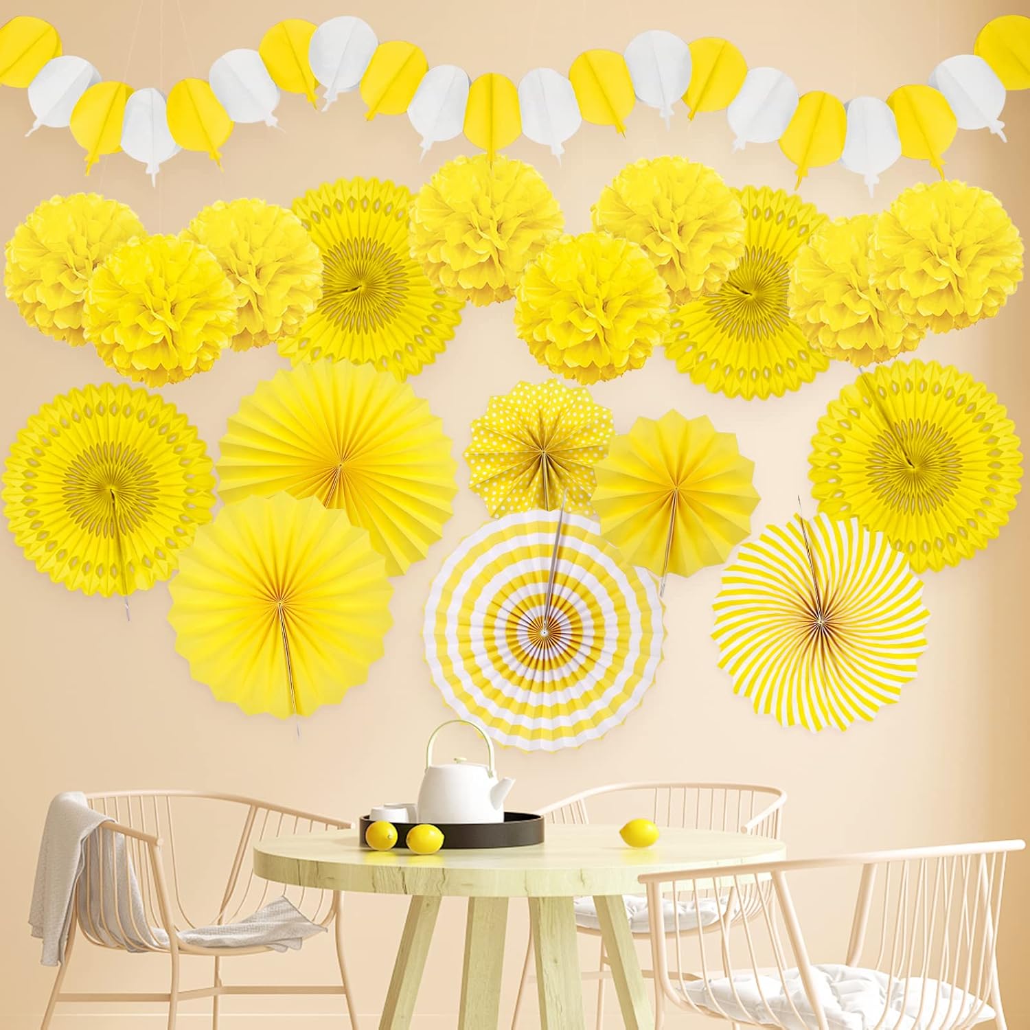 Yellow Party Decorations, Papar Fans Pompoms Fans Garlands for Birthday Bridal Baby Shower Wedding