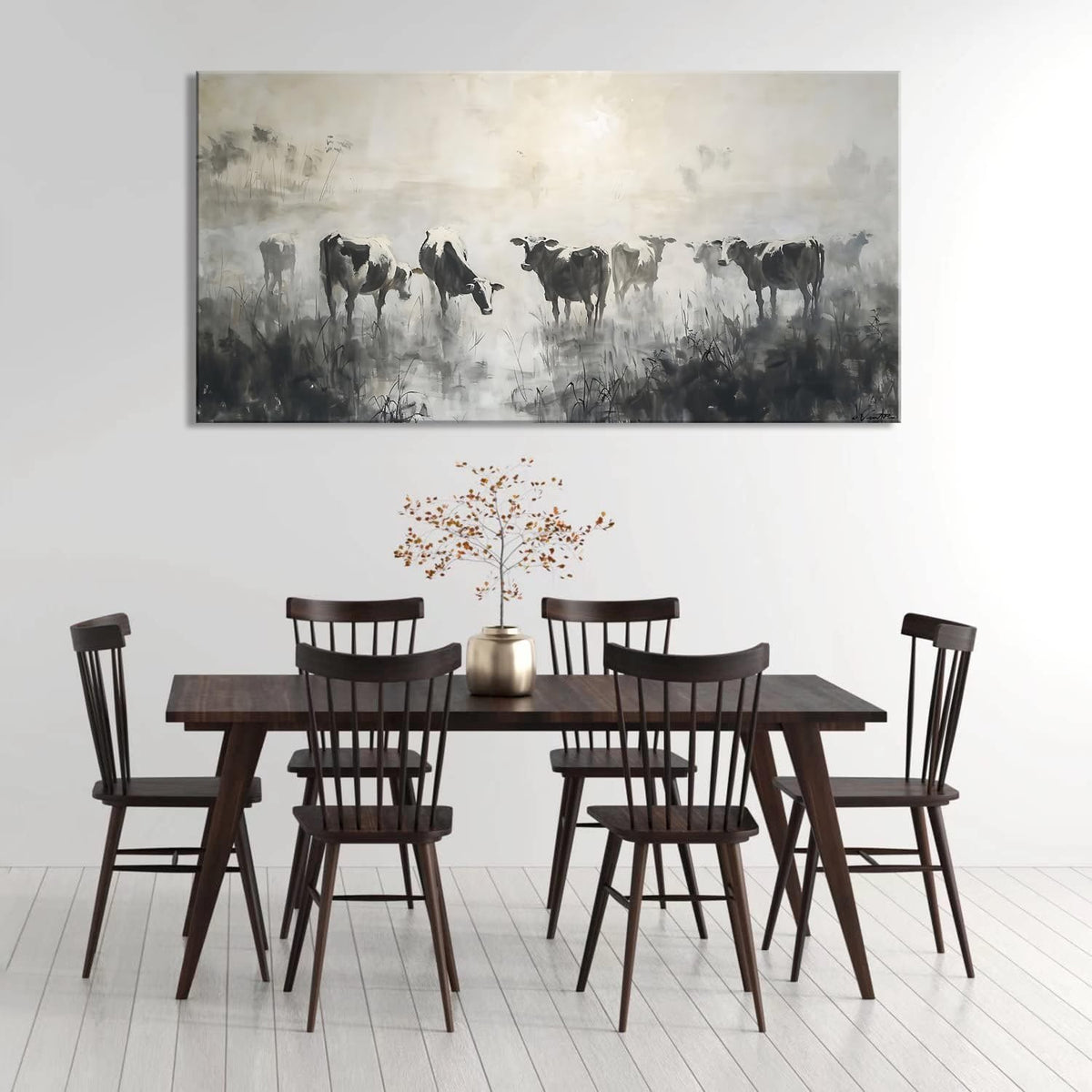 LASMOND Black and White Cow Wall Art for Living Room Ink Wash Canvas Painting Prints Morning Cattle