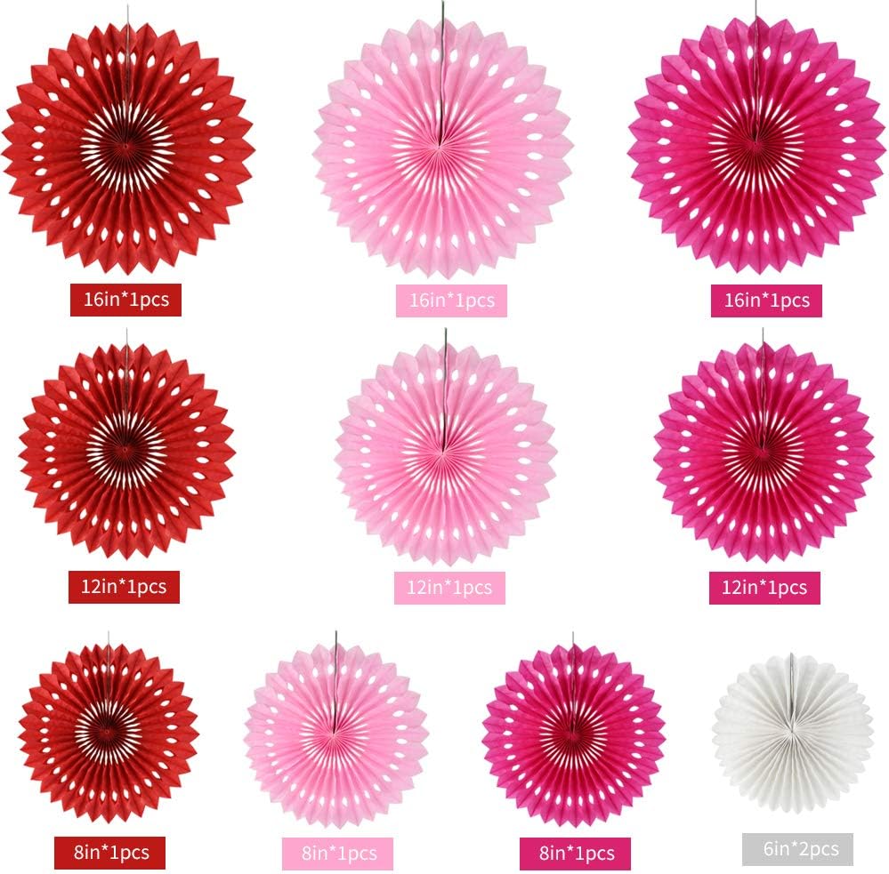 BEISHIDA Red Pink Rose Red Hanging Tissue Honeycomb Round Paper Fans Decor Kit for Birthday Girl