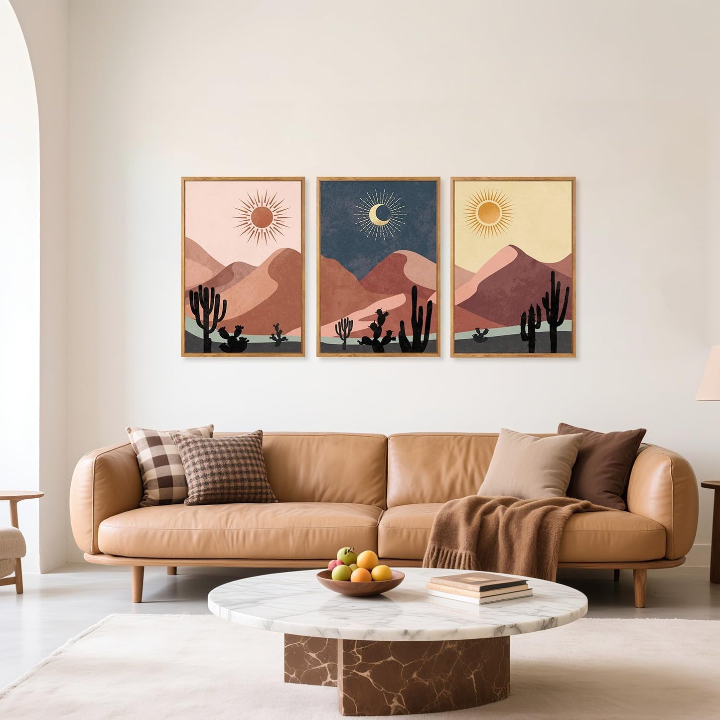 HPNIUB Boho Desert Framed Canvas Wall Art Set, Abstract Sun Moon Art Prints, Modern Cactus