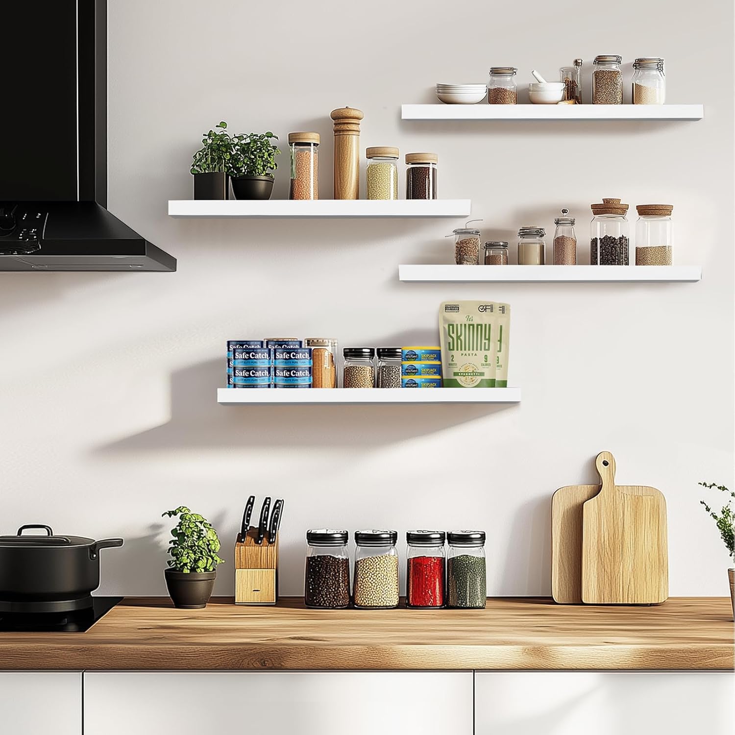 Floating Wall Shelves 4-Pack - Rustic White 16-inch Wooden Wall Shelves for Storage and Décor