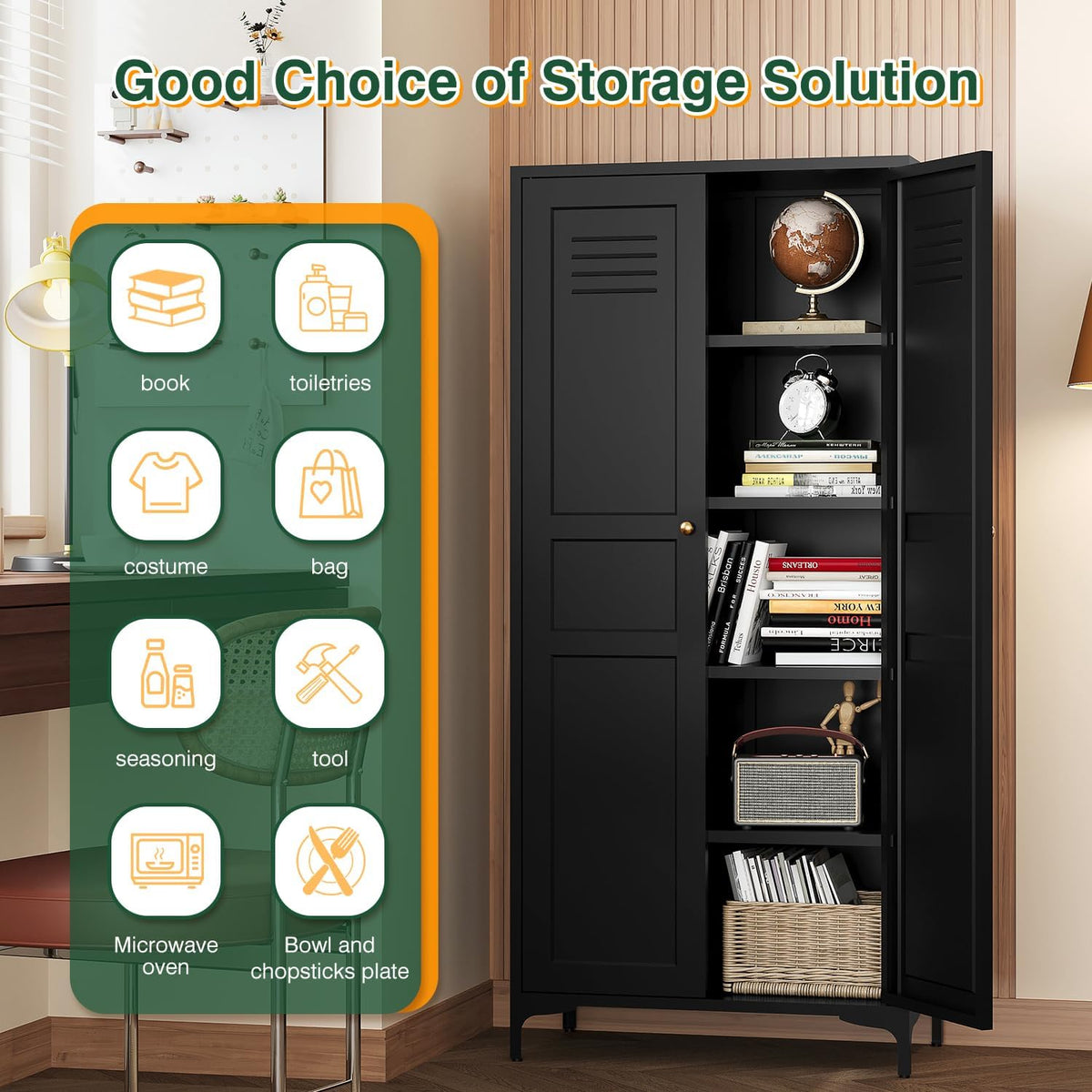 Letaya Black Storage Cabinet with Feets-Metal Home Kitchen Pantry Cabinets with Doors and