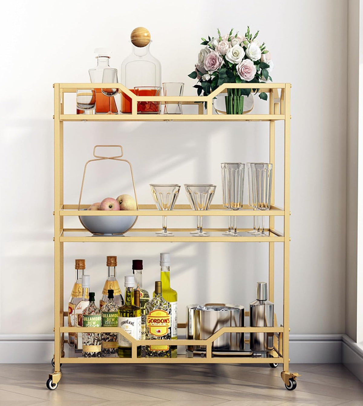 Square Gold Bar Carts with 3 Tier Storage Glass Shelves Holder Home Serving Bar Carts on Wheels for