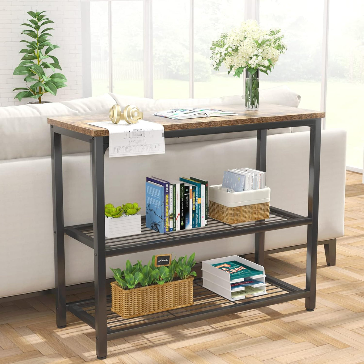 Ecoprsio Small Console Table, Sofa Table with Double Mesh Shelves, Industrial Entryway Table for