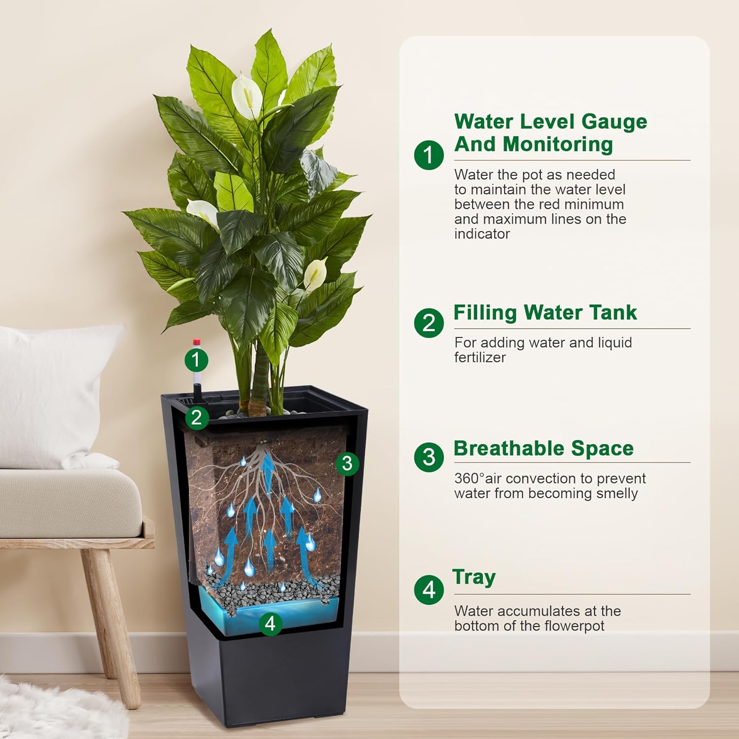 22.5" Tall Planters Set of 2, Outdoor＆Indoor Black Planter Pots, High Front Porch Planter Pots with