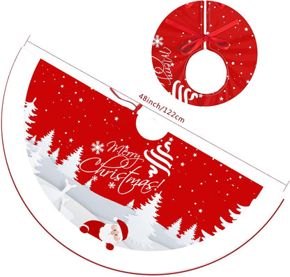 Christmas Tree Skirt Red Xmas Tree Ornaments for White Soft Plush Christmas Tree Mat with Snowy