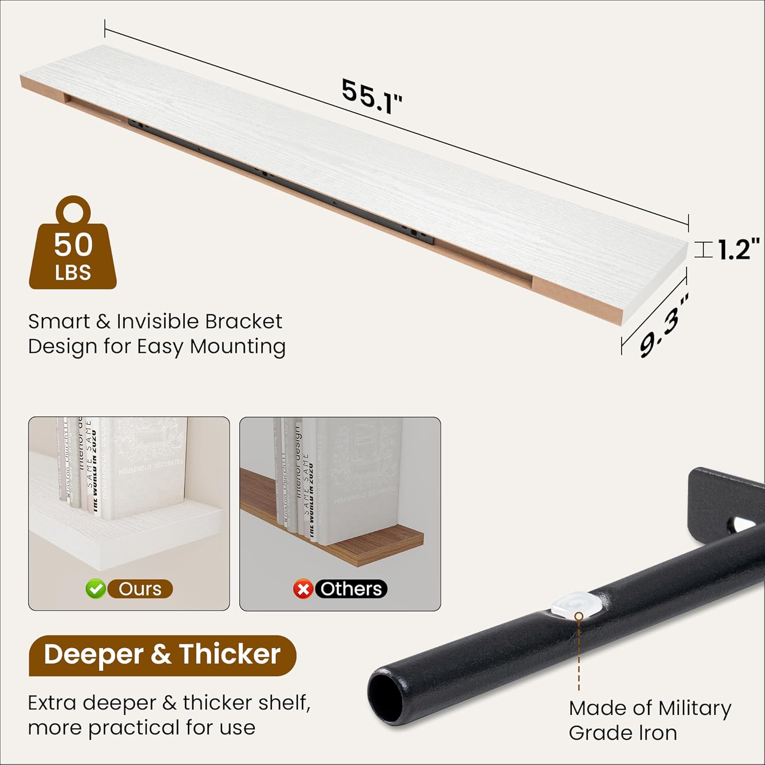Fun Memories 55 Inch Fireplace Mantel Shelf -Long Floating Shelves, Deep Wall Mounted Farmhouse
