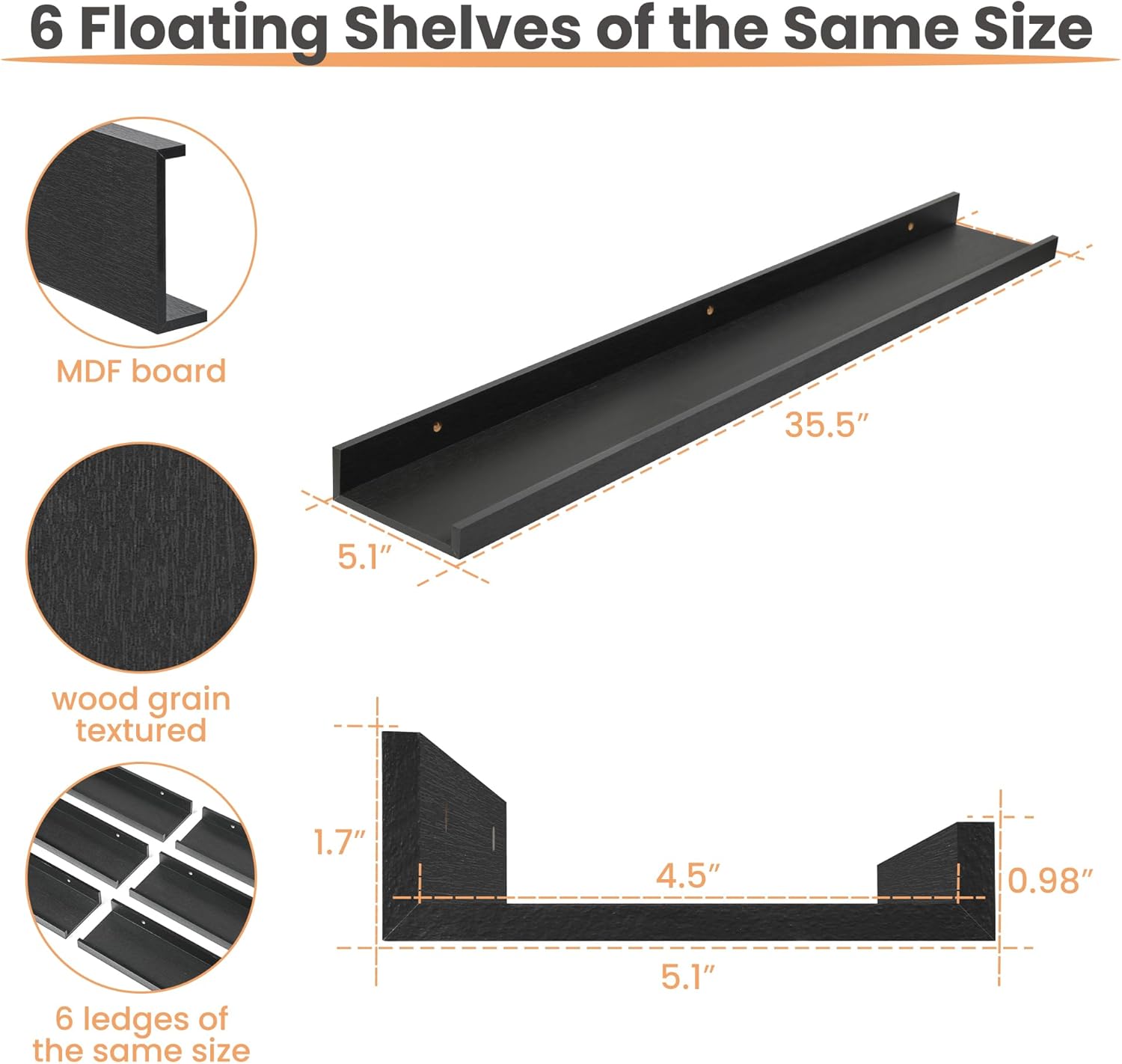 upsimples Floating Shelves for Wall, Wall Shelves for Decor Storage Set of 6, Wall Mounted Wood