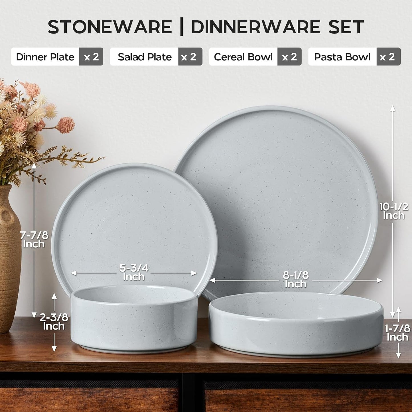 Onader Dinner Plates and Bowls Sets, 8 Pieces Stoneware Dinnerware Service for 2, Gray Ceramic