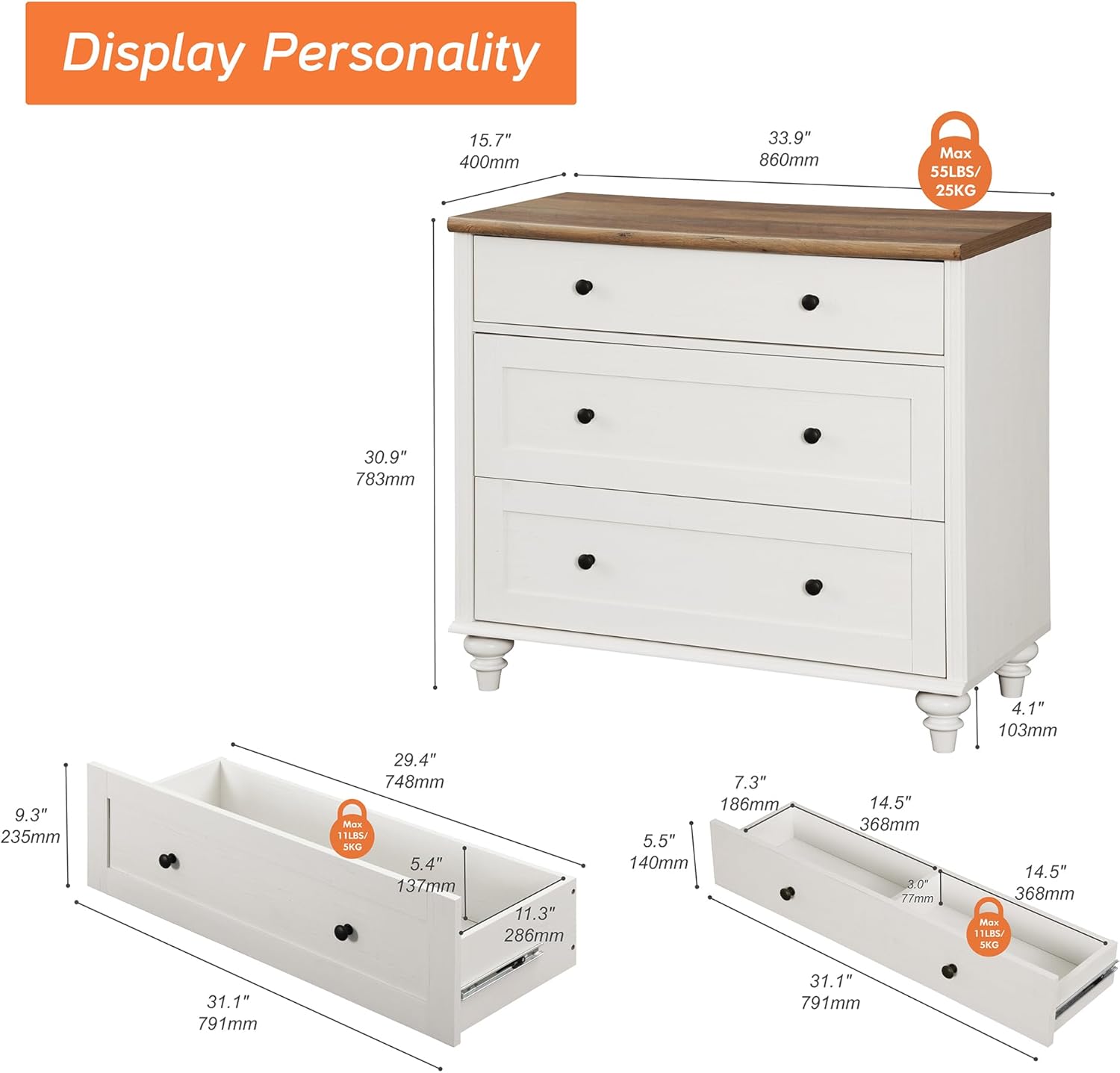 WAMPAT Dresser for Bedroom with 3 Drawers, Kids Dressers with Wide Chest of Drawers, Mid Century