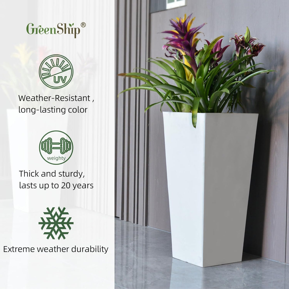 GreenShip 27" Tall Planters, Set of 2 – Black Outdoor Planter for Front Porch & Tall Plants