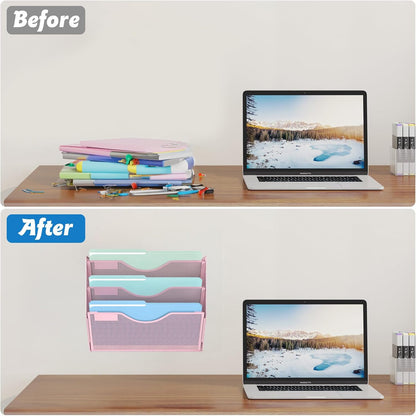 3 Tier Hanging Wall File Organizer, Mesh Mail Paper Orgnization Hanging File Folder Holder for Home