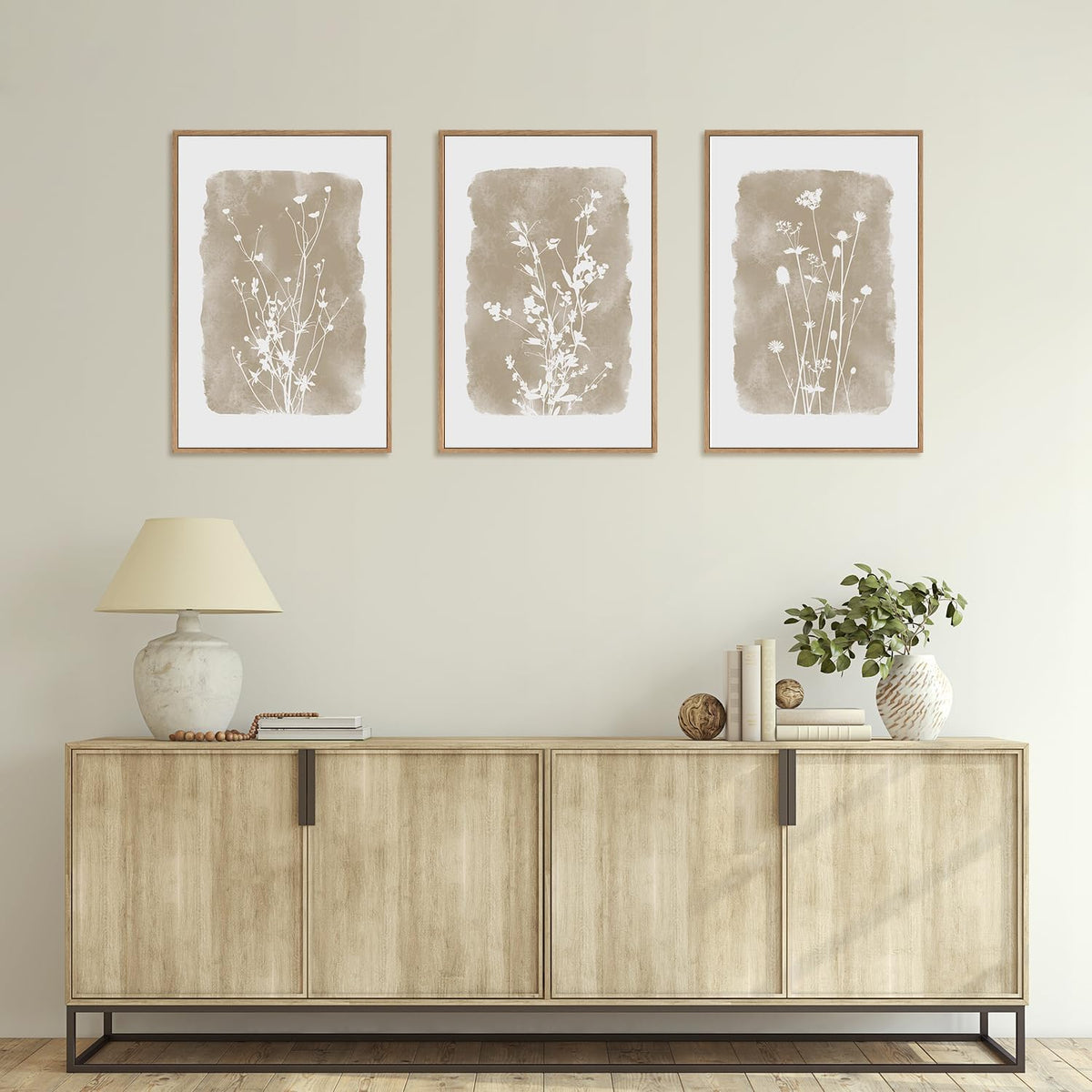 HPINUB Large Boho Wildflowers Canvas Framed Wall Art Set,Minimalist Vintage Flower Wall Decor,Beige