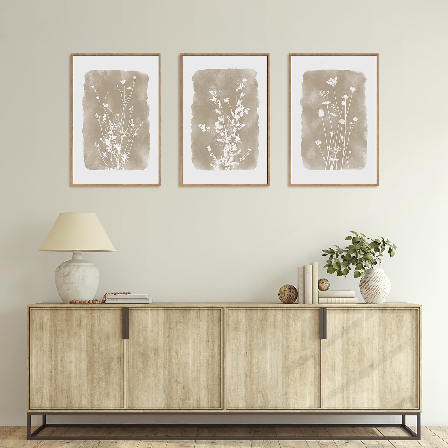 HPINUB Large Boho Wildflowers Canvas Framed Wall Art Set,Minimalist Vintage Flower Wall Decor,Beige