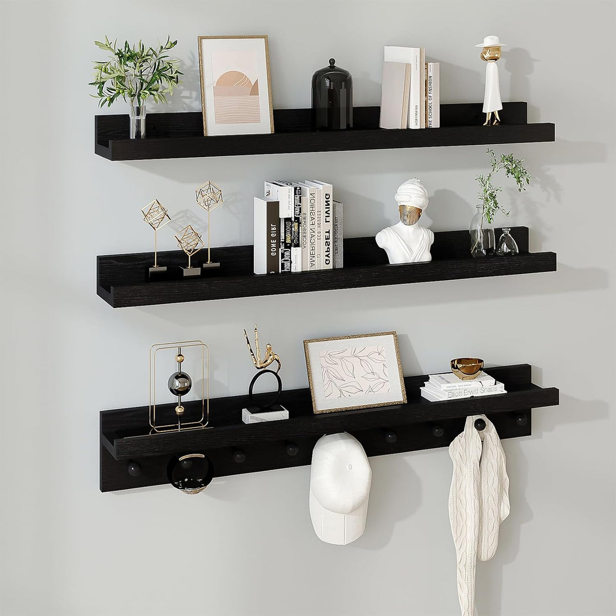 MBYD Black Picture Ledge Shelf with Hooks, 24 Inch Floating Book Shelves Kids Room, Wall Mounted