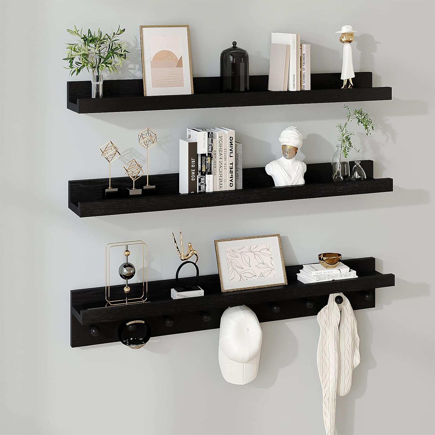 MBYD Black Picture Ledge Shelf with Hooks, 24 Inch Floating Book Shelves Kids Room, Wall Mounted
