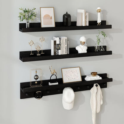 MBYD Black Picture Ledge Shelf with Hooks, 24 Inch Floating Book Shelves Kids Room, Wall Mounted